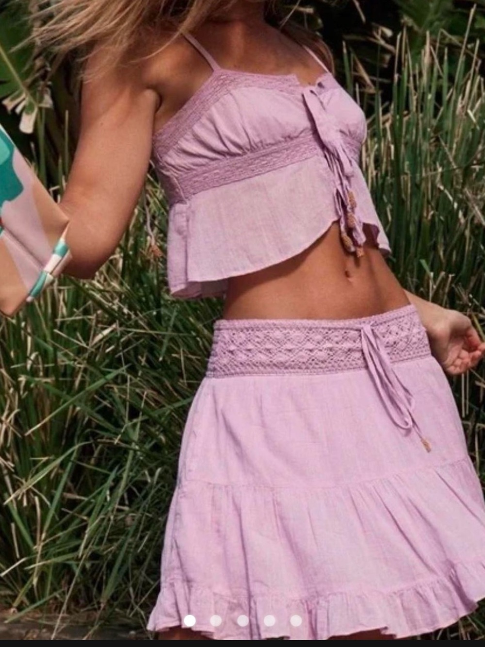 Free People Medium Lavender Crochet-Trim Tiered Mini Skirt Set